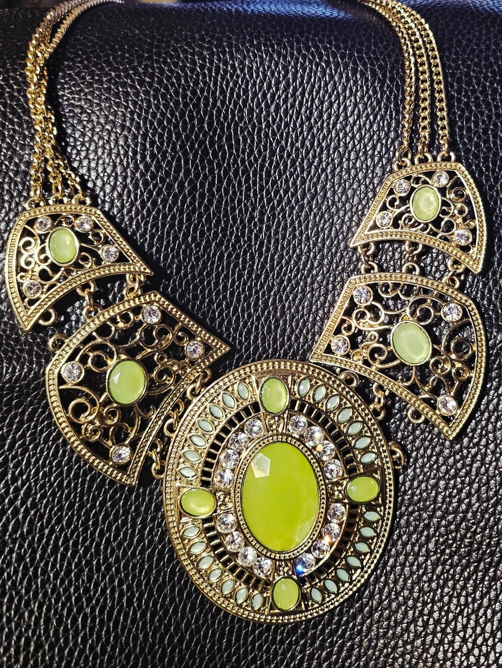 18"Silver Tone Filigree Statement Necklace Green Cabochon Rhinestones